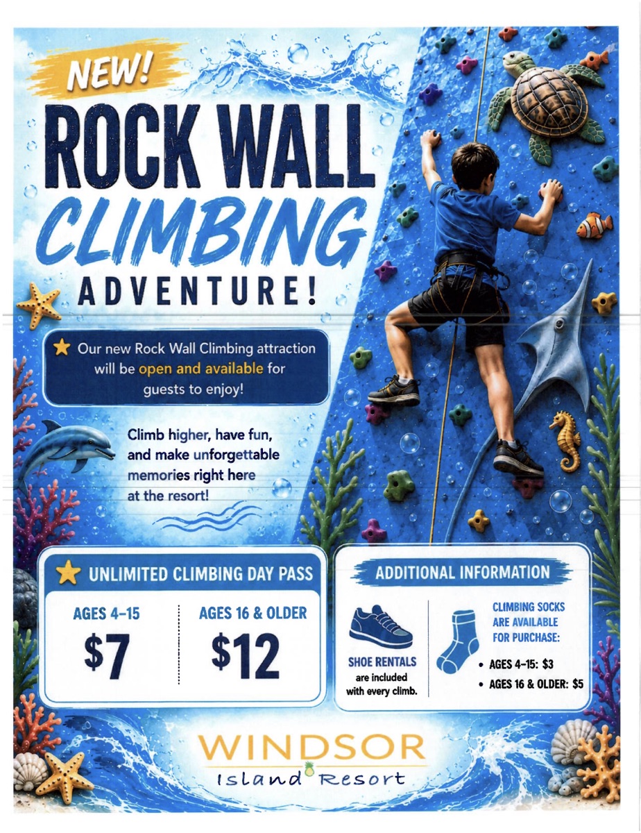 New Rock Wall Climbing attraction flyer at Windsor Island Resort with day pass pricing