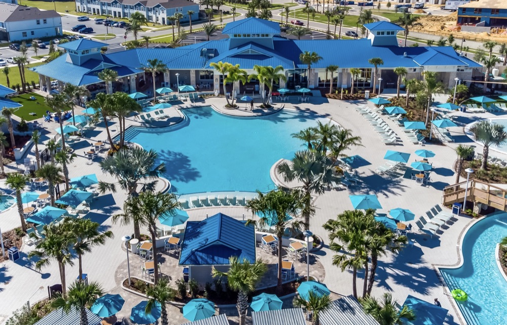Aerial view of the resort-style pool and clubhouse at Windsor Island Resort in Orlando
